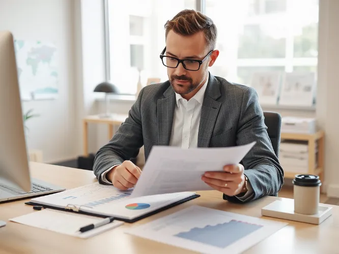 Accountant analyzing financial reports for real estate investments